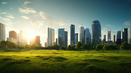 Fototapeta premium A looming cityscape of tall glass buildings stands amongst a lush sea of green grass, illuminated by the pale light of the setting sun