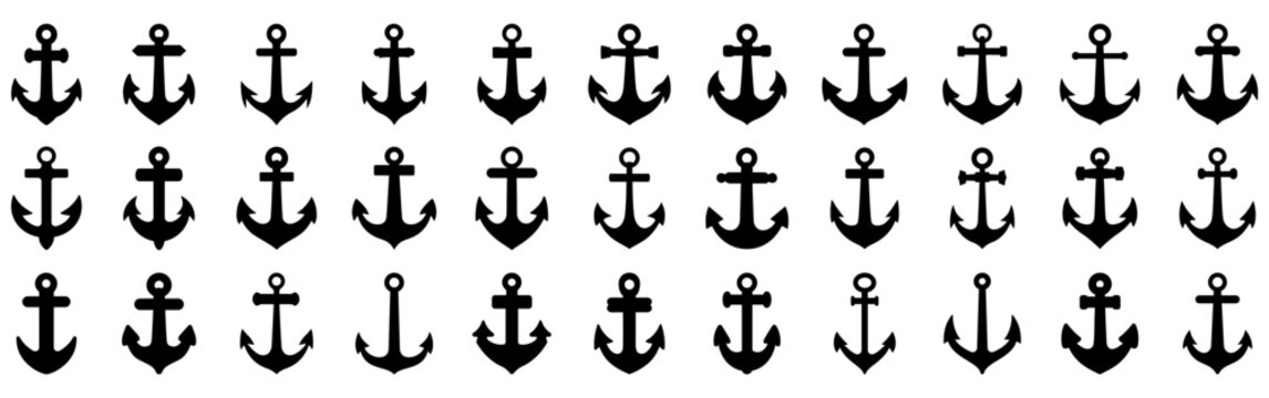 Anchor icon. Various shapes of anchors. Set of black anchor icons