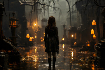 A halooween, creepy, scary, horror lil girl in a haunted, horror road in a  rainy day with creepy vibes 