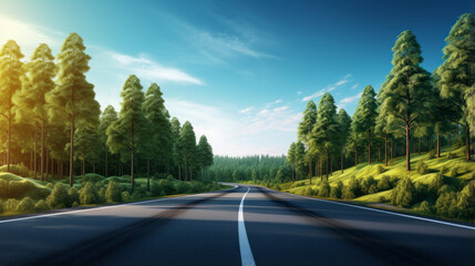 A long, winding road stretches into the horizon, lined with tall, leafy trees The sky is a bright, clear blue, and the sun is glowing in the distance