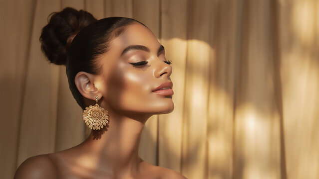 Studio portrait of a glamorous woman promoting skin care and cosmetics. Background curtain, gold reflectors light the subject. Hair pulled back to form a bun.