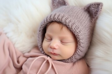 Adorable Newborn Baby With Cat Ear Knit Hat