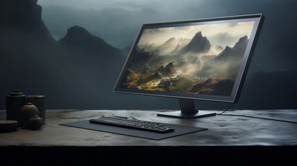 Fototapeta premium A large touchscreen monitor rests atop a desk, its surface responding to the lightest of touches