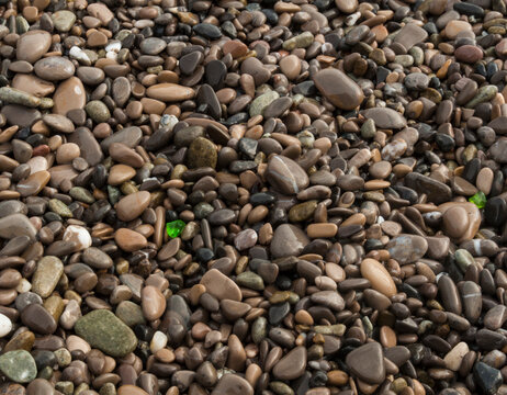 Pebbles on the seashore. Close-up photo. Smooth stones ground with water.