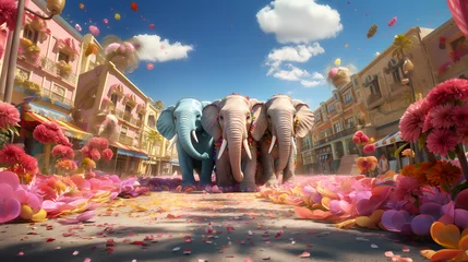 Foto op Aluminium Three large elephants are walking along a street decorated with flowers. Circus poster, poster, print. Sunny day, circus performance in the city. Colorful bright illustration © elit76_d