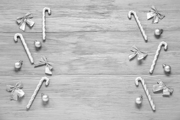 Composition with beautiful Christmas decorations on grey wooden background