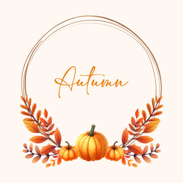 Vector Beautiful Autumn Watercolor fall leaf, pumpkin Wreath Frame