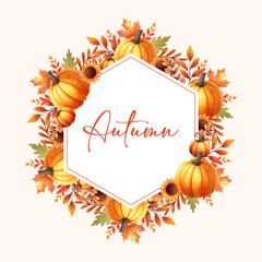 Vector Beautiful Autumn Watercolor fall leaf, pumpkin Wreath Frame