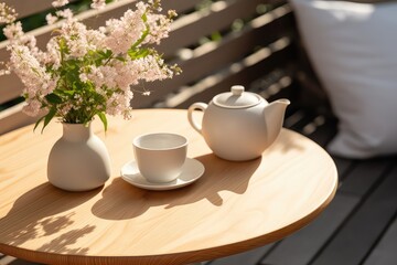 Fototapeta na wymiar Outdoor Table Tastefully Decorated With Coffee, Flowers, And Tea Kettle