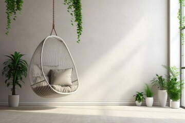 Inviting Green Space With Hanging Chair, Plants, And Rug