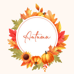 Vector Beautiful Autumn Watercolor fall leaf, pumpkin Wreath Frame