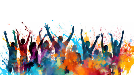 A group of people raising their hands in the air with colorful paint splashs on them and a white background