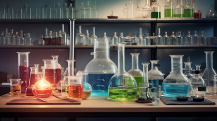 A laboratory bench with a Bunsen burner, beakers, and test tubes filled with various colored liquids