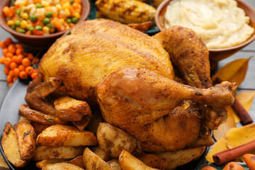 Festive dishes with tasty turkey for Thanksgiving Day on dark wooden background, closeup