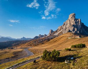 Mountain sunny evening peaceful view from Giau Pass.