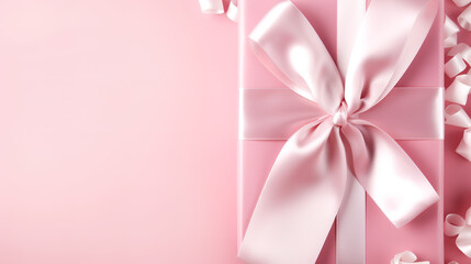 pink ribbon with gift box on Pink background with copy space for text