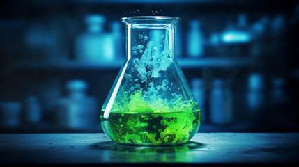 A laboratory beaker filled with a thick green liquid