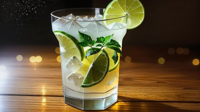 Tropical cocktail with berries and slices of lime and lemon in a transparent glass. Sweet alcoholic drinks in a bar, stop motion illustration with holiday lights background.