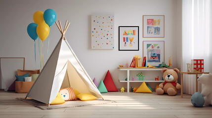 A room with a teepee tent