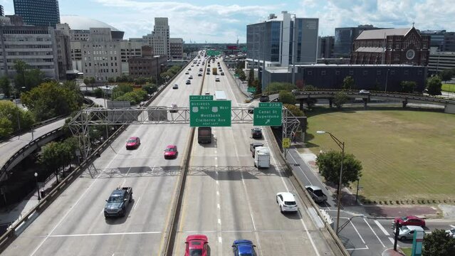 Aerial view of the highway I10 in New Orleans city capture by a drone