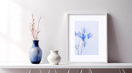 A white shelf with a vase of flowers and a white frame on it with a plant in it and a vase with blue flowers