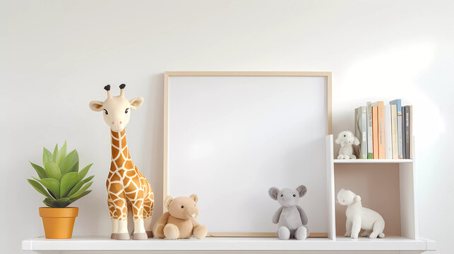 A white shelf with a giraffe and a picture frame on it and a toy elephant on top