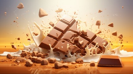 Close-up of milk chocolate slices with nuts. Handmade sweets. Illustration for banner, poster, cover, brochure, advertising, marketing or presentation.
