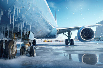 A commercial jet aircraft on a frosty winter day, with its turbines and wings covered in ice as it prepares for takeoff. - obrazy, fototapety, plakaty