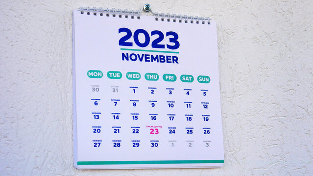 A beautiful November page of the wall calendar 2023 with the marked Thanksgiving date on it
