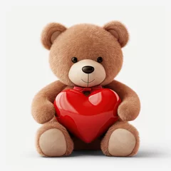 Fotobehang Cute teddy bear holding red love heart in white background  © Amir