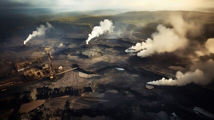 Aerial view to coal mining area with ruined land around, natural disaster and heavy industrial concept