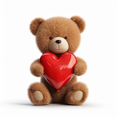 Cute teddy bear holding red love heart in white background 