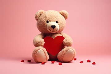 Valentines Day big Teddy bear holding a red heart in pink background 