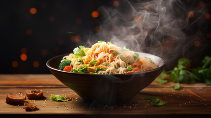 Testy Yummy Hot Noodles with vegetables,  red paprika, mushrooms, chives, soy sauce and sesame seeds in ceramic bowl.