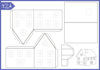 Kids game papercrat DIY paper white house. House coloring page. Christmas home decor cute house ornament lantern.