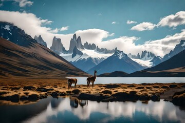Patagonian scenery with mountain and guanaco.
