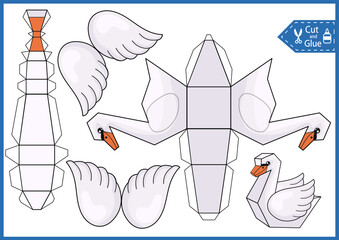 Children craft game cut and glue paper 3d white swan. Kids papercraft template cute character. Education activity printable page. DIY model toys of funny birg.