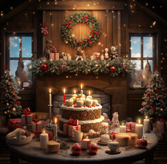 A cozy, festive scene featuring a beautifully adorned Christmas tree and stockings hung by the fireplace