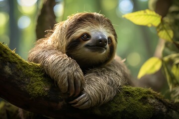 Fototapeta premium contemplative unhurried sloth lounging in a treetop