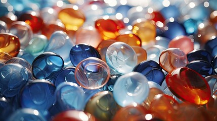 Various glass marbles. Abstract crystalline balls of hydrogel for the background. Beads. Illustration for brochure, cover, poster, presentation or banner.