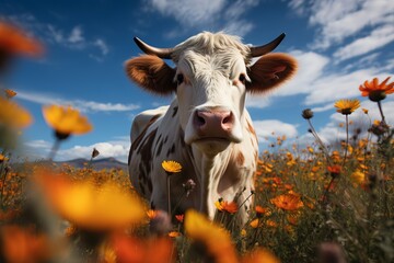 Satisfied cow enjoying a sunny day against the backdrop of a field