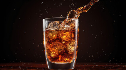 Ice cola drink with splash, glass of cola with ice - obrazy, fototapety, plakaty