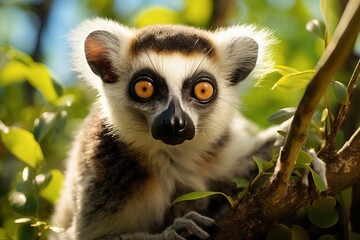 Naklejka premium Curious lemur with wide eyes exploring its lush treetop