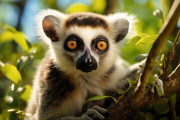 Obraz premium Curious lemur with wide eyes exploring its lush treetop