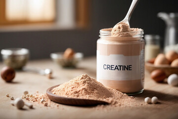 Creatine protein powder in a measuring spoon muscle building supplements nutrition - obrazy, fototapety, plakaty