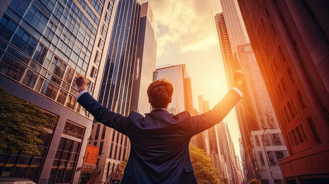 A man in a suit stands back and makes a victory gesture while clenching his fists. Concept of people's lifestyle. Illustration for banner, poster, cover, brochure, advertising, marketing, presentation