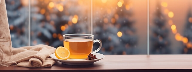 A cup of hot tea with lemon on the windowsill. Banner, place for text