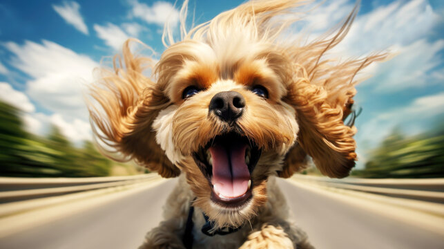 Portrait of a happy dog having lifetime adventure on a road