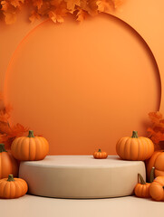 Orange podium mock up background with pumpkins, product presentation concept 