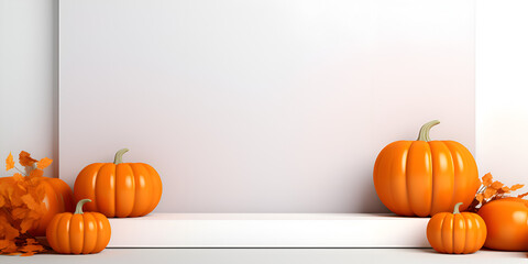 White podium mock up background with pumpkins, product presentation concept 